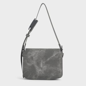 Extremely Important Denim Boxy Front Flap Shoulder Bag - Dark Grey