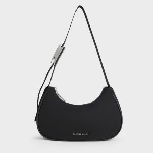 High-End Nylon Curved Metallic-Accent Shoulder Bag - Noir